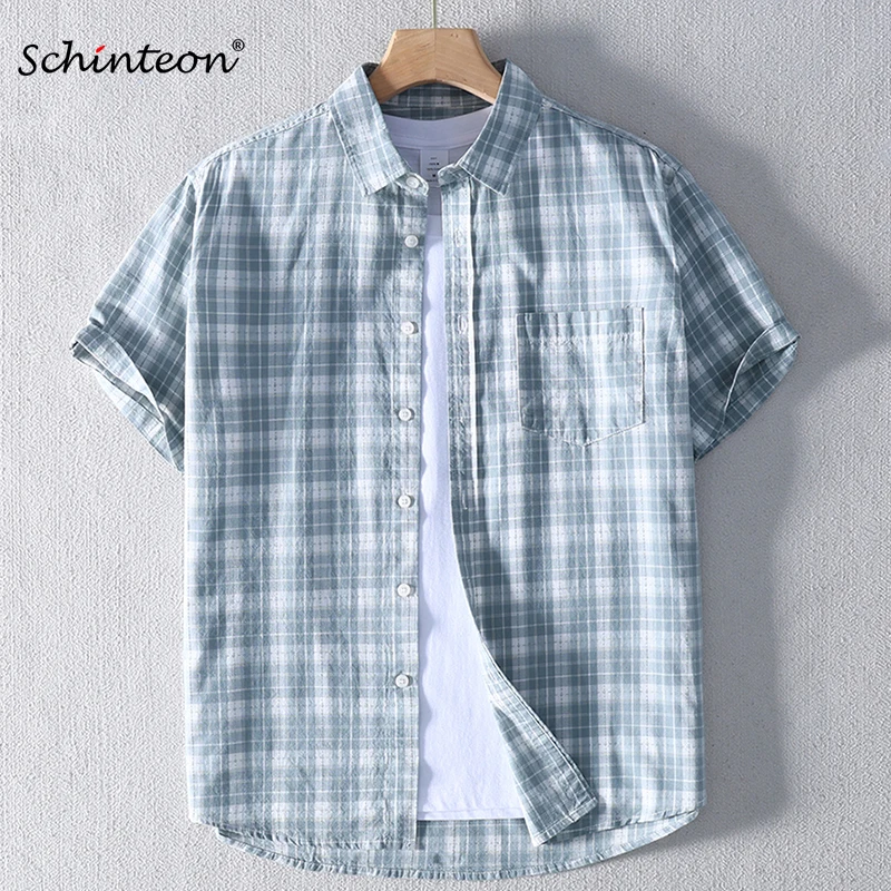 Schinteon Men 100% Pure Cotton Plaid Shirt Short Sleeved Turn-down Collar Thin Casual Comfortable Shirts 2025 Summer Top