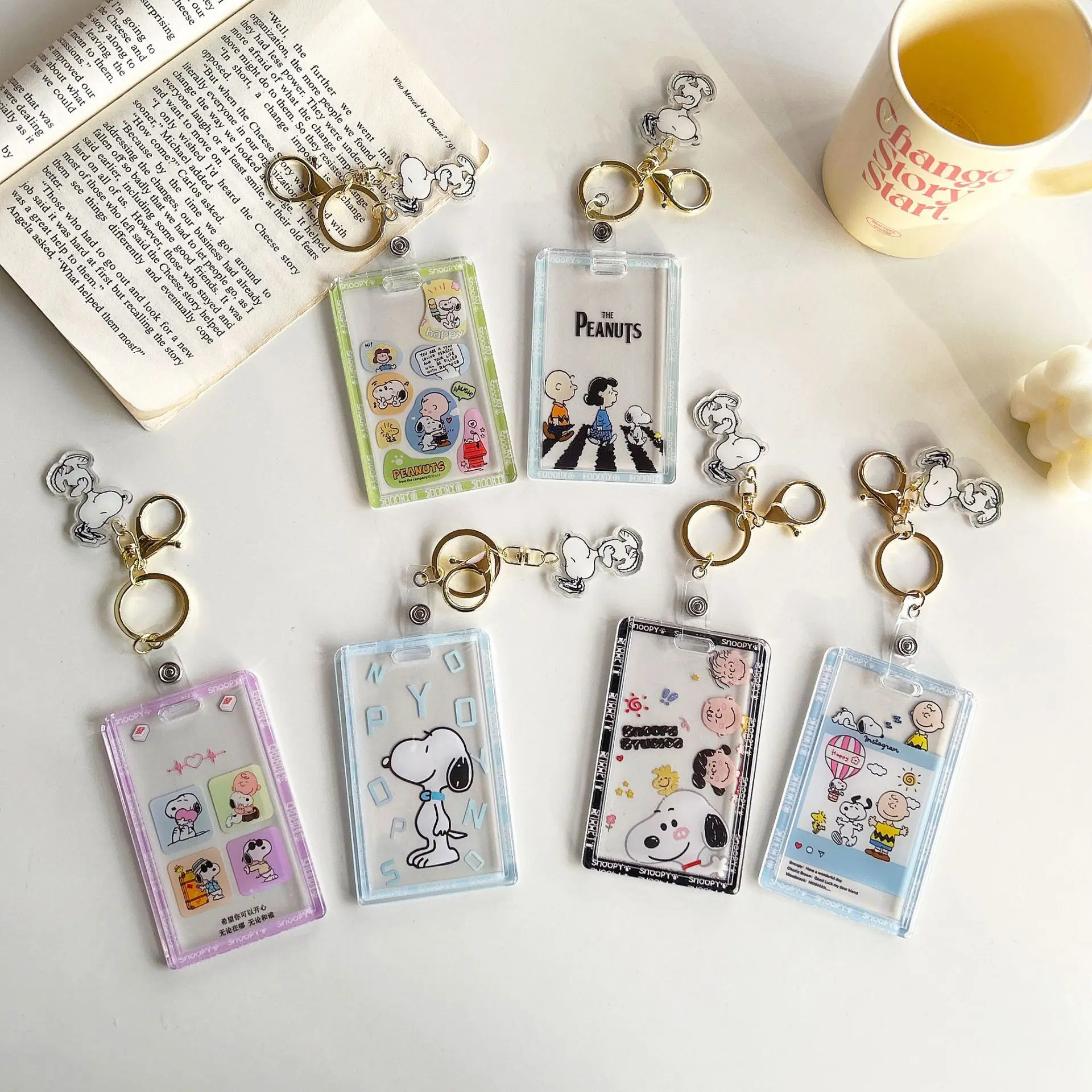 Snoopy Cartoon Transparent Card Holder Keychain Anime Stretchable Embedded Card Sleeve Keyring Bus Student ID Card Holder Gifts