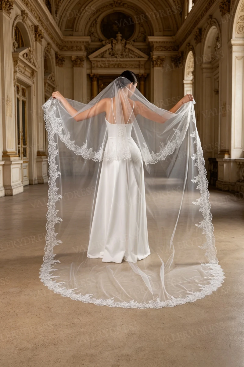 Chantilly Lace Blusher Wedding Veil Two Tier French Delicate Trim Soft Tulle Cathedral Vintage Romantic Ethereal Bridal Veil
