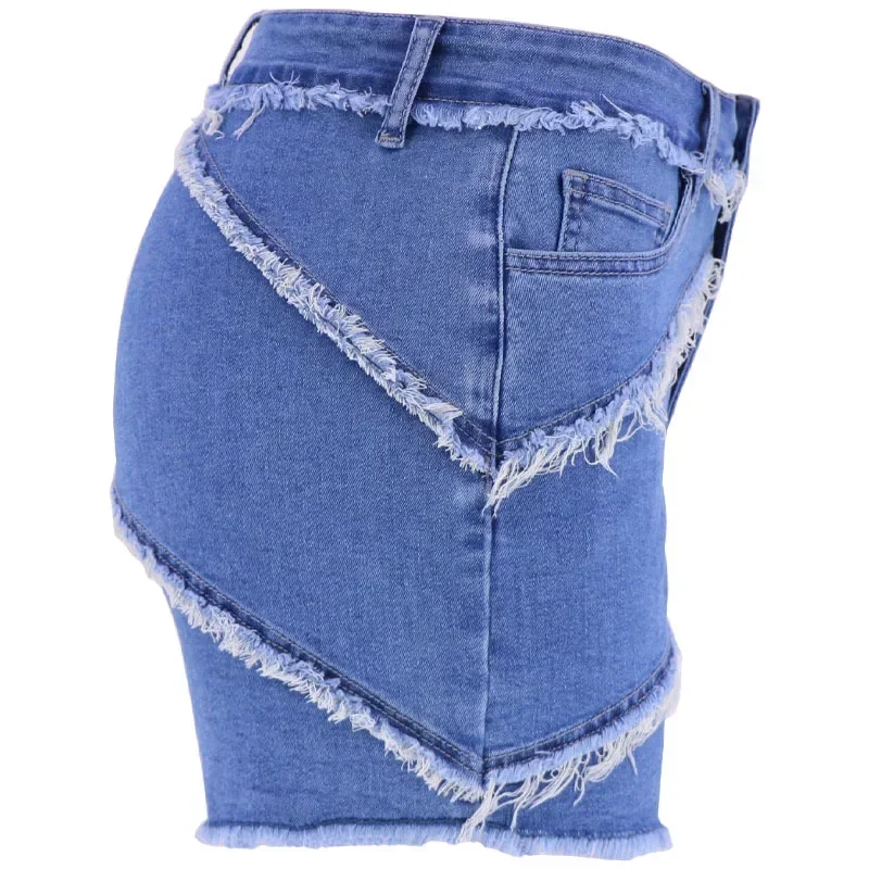 Women Shorts Jeans Solid Sexy Distressed Mid Waist Washing Denim Zipper Fly Flat Slim Fit High Street Spliced Summer 2024