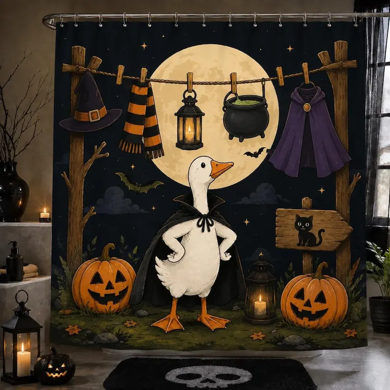 Funny Vampire Goose Halloween Shower Curtain, Spooky Witch Duck Full Moon Pumpkin Bath Curtain, Cute Autumn Bathroom Decor, Gift 2026