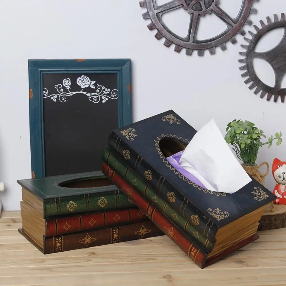 Retro Wood Book Shape Tissue Box Rectangle Napkin Paper Holder Ring Tissue Storage Box Case