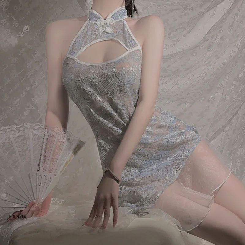 

Chinese Qipao Skirt Sexy Backless Lace Halter Cheongsam Dress Uniform Temptation Lingerie See-Through Ancient Nightclub Costumes