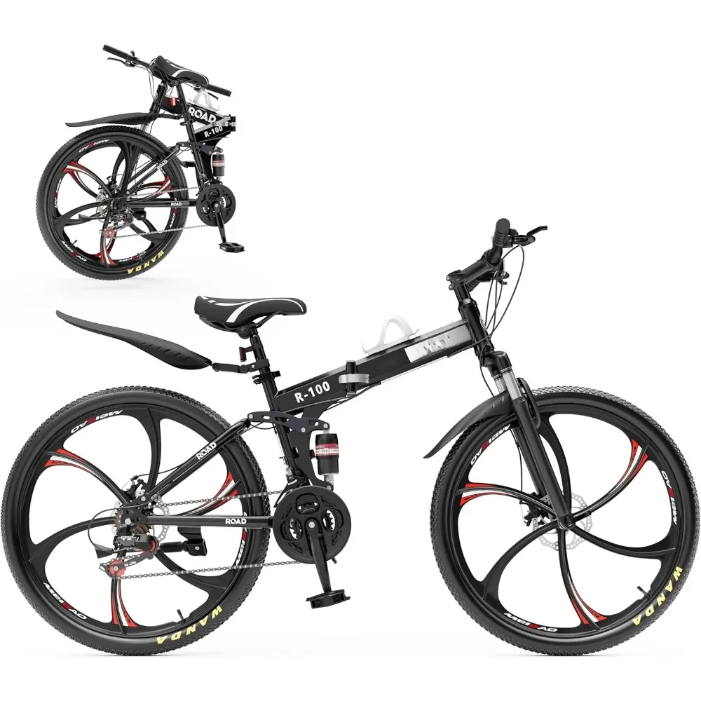 

26-дюймовый складной горный велосипед, 21-скоростной, с полной амортизацией, из высокоуглеродистой стали, складной, с двойными дисковыми тормозами, регулируемый, на заказ