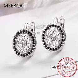 MEEKCAT Classic 925 Sterling Silver Round Black Trendy Spinel Engagement Hoop Earrings for Women Fine Jewelry Bijoux Brincos