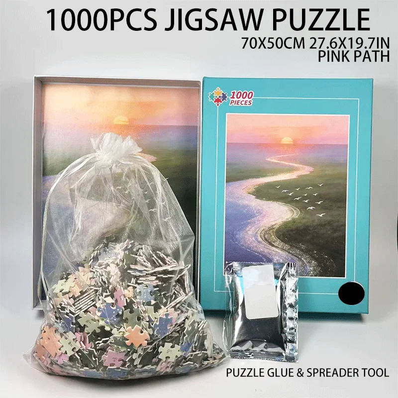 大人用パズル1000枚入り1箱、ピンクロード、パズル用接着剤とスクレーパーツール付き、70x50cm（276x197インチ）、ミックスカラーパズル