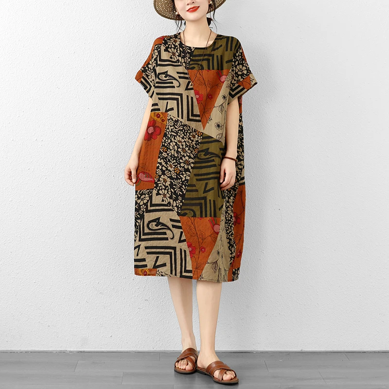 

Summer New Style Thin Cotton Twisted Artistic Women's Knee-Length Midi Dress round Neck Short Sleeve Loose Fit Citywalk Dress