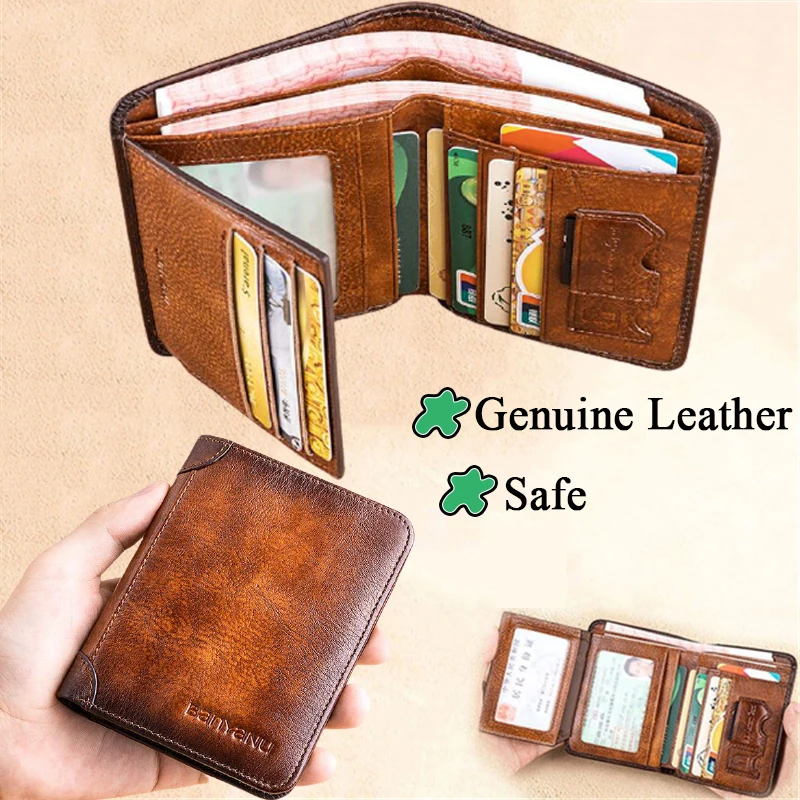 

RFID Blocking Genuine Leather Wallet for Men Vintage Thin Short Multi Function ID Credit Card Holder Large Capacity Money Clip