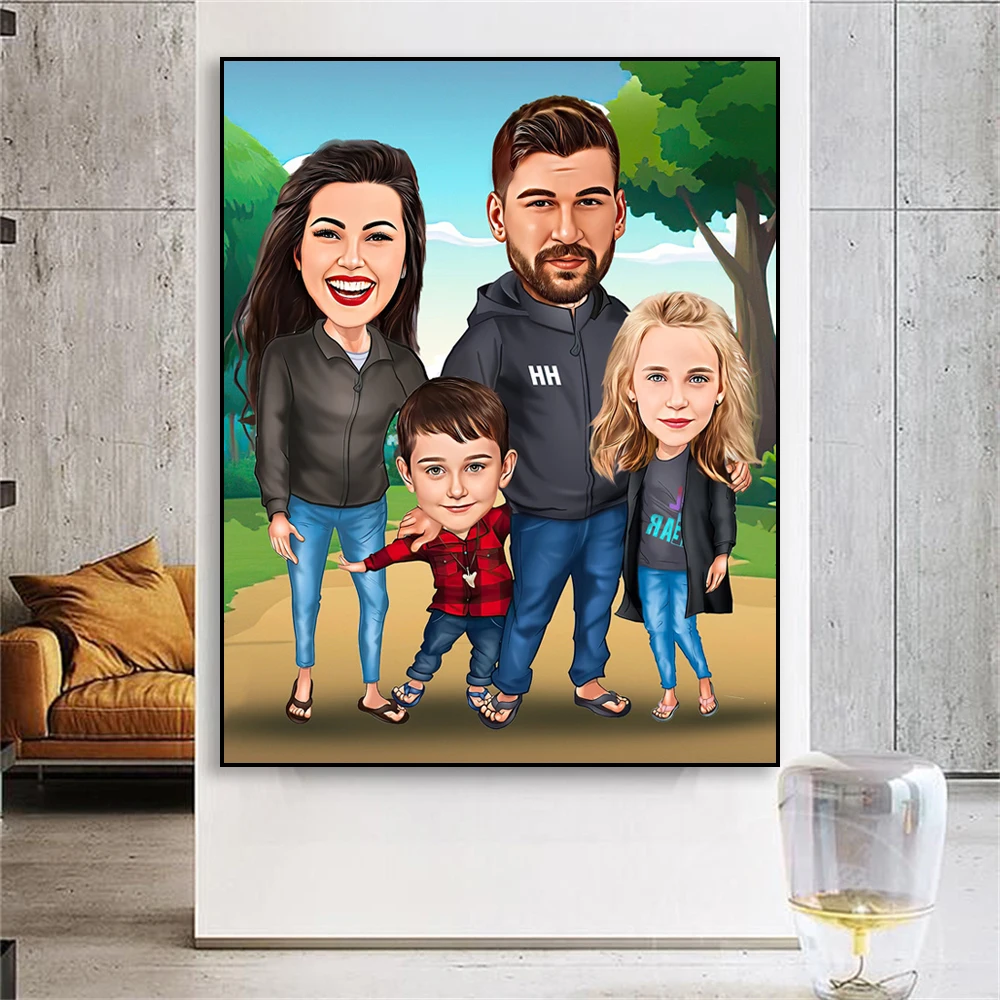 Custom Personalized Family Cartoon Portrait Poster Mom Dad Kids Portrait Prints Birthday Gift Home Room Wall Art Canvas Painting