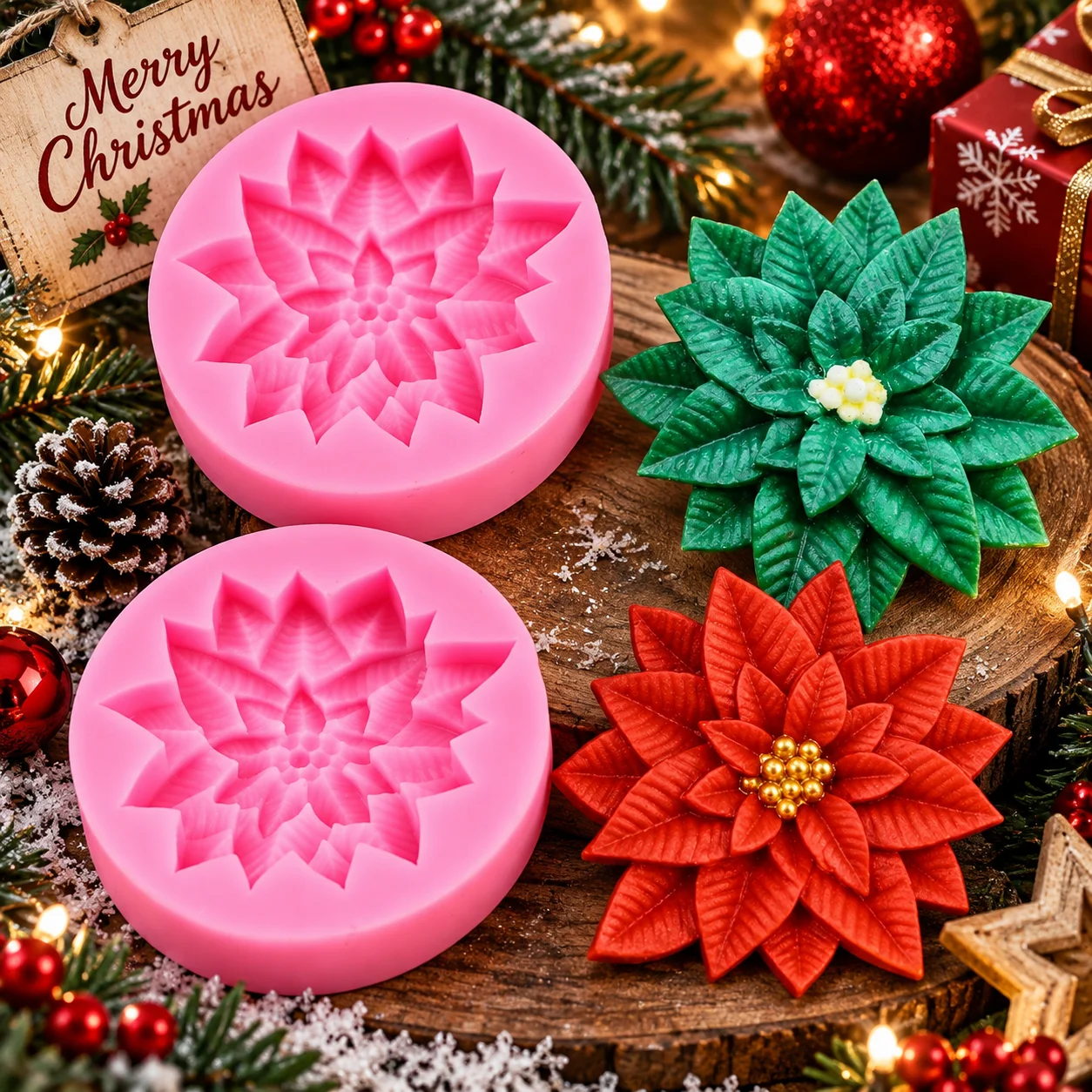 1pc Christmas Candle Soap Silicone Molds,Holly Leaf Cake Decorating Jelly Candy Molds, 3D Leave Mold for Epoxy Resin Casting DIY