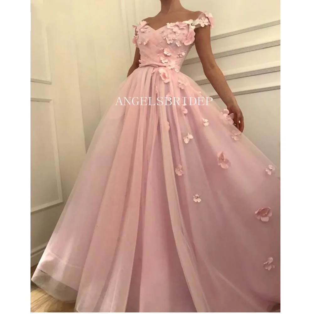 

Angelsbridep Elegant Pink A-Line Evening Dresses 3D Flowers Formal Dress For Women Graduation Robes De Soirée