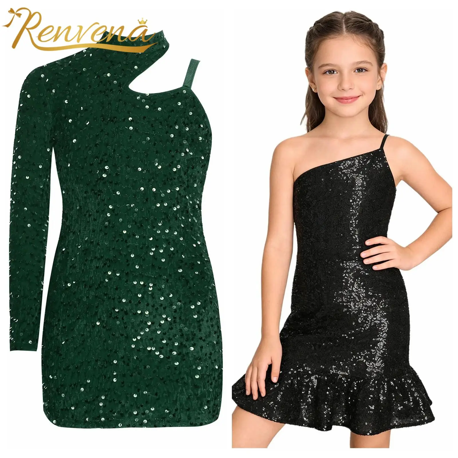 Children Elegant Dress One Shoulder Clothing for Girl Sequin Disco Costume Mini Dress Girls Wedding Dance Princess Party Dress