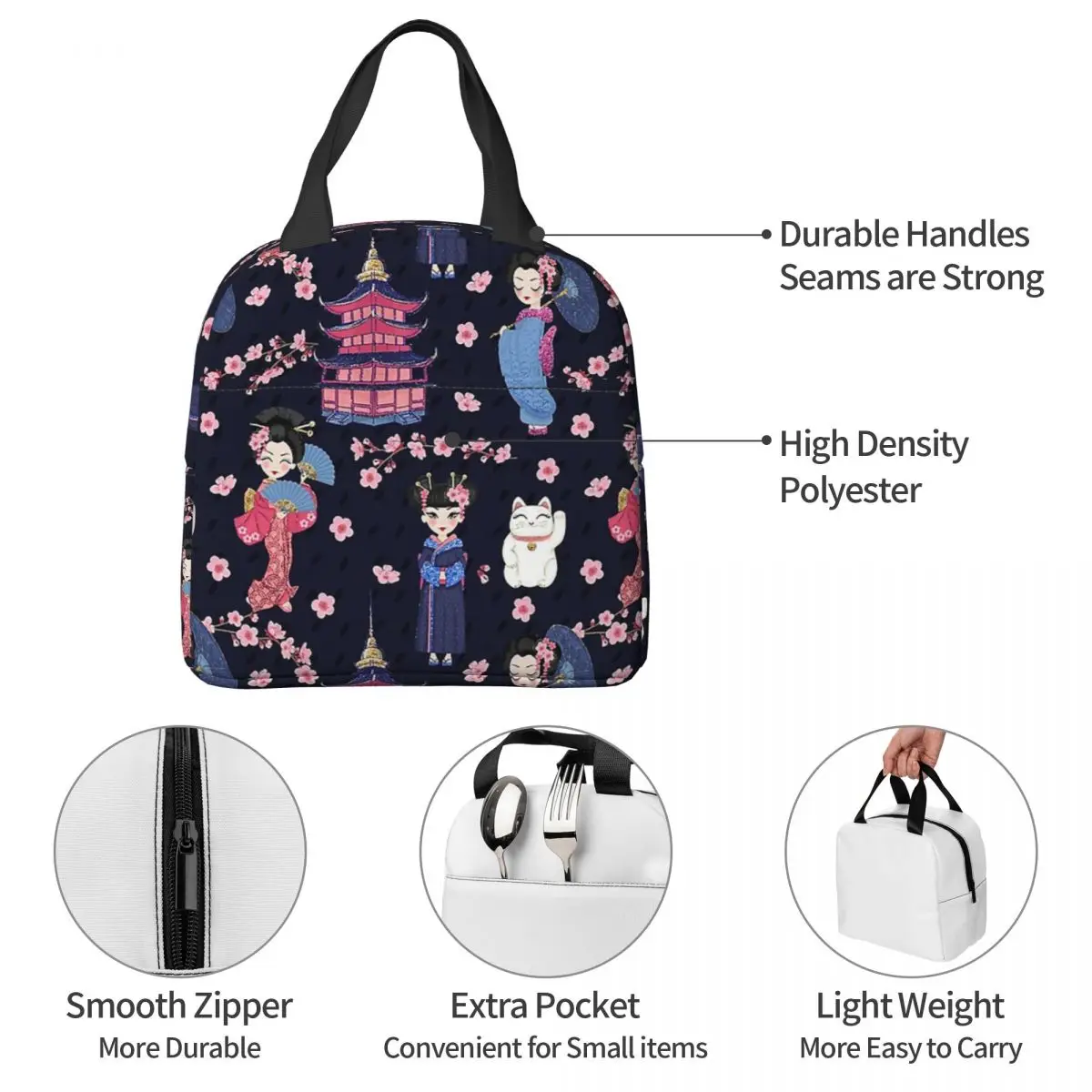 Apanese Dolls Navy Insulated Lunch Bag Portable Kokeshi Meal Container Thermal Bag Lunch Box Tote Work Picnic Food Storage Bags