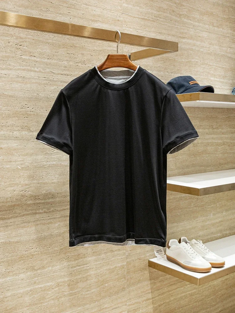 Modal Cotton Blended Summer Men's Casual Fake Two-piece Crew Neck T-Shirt