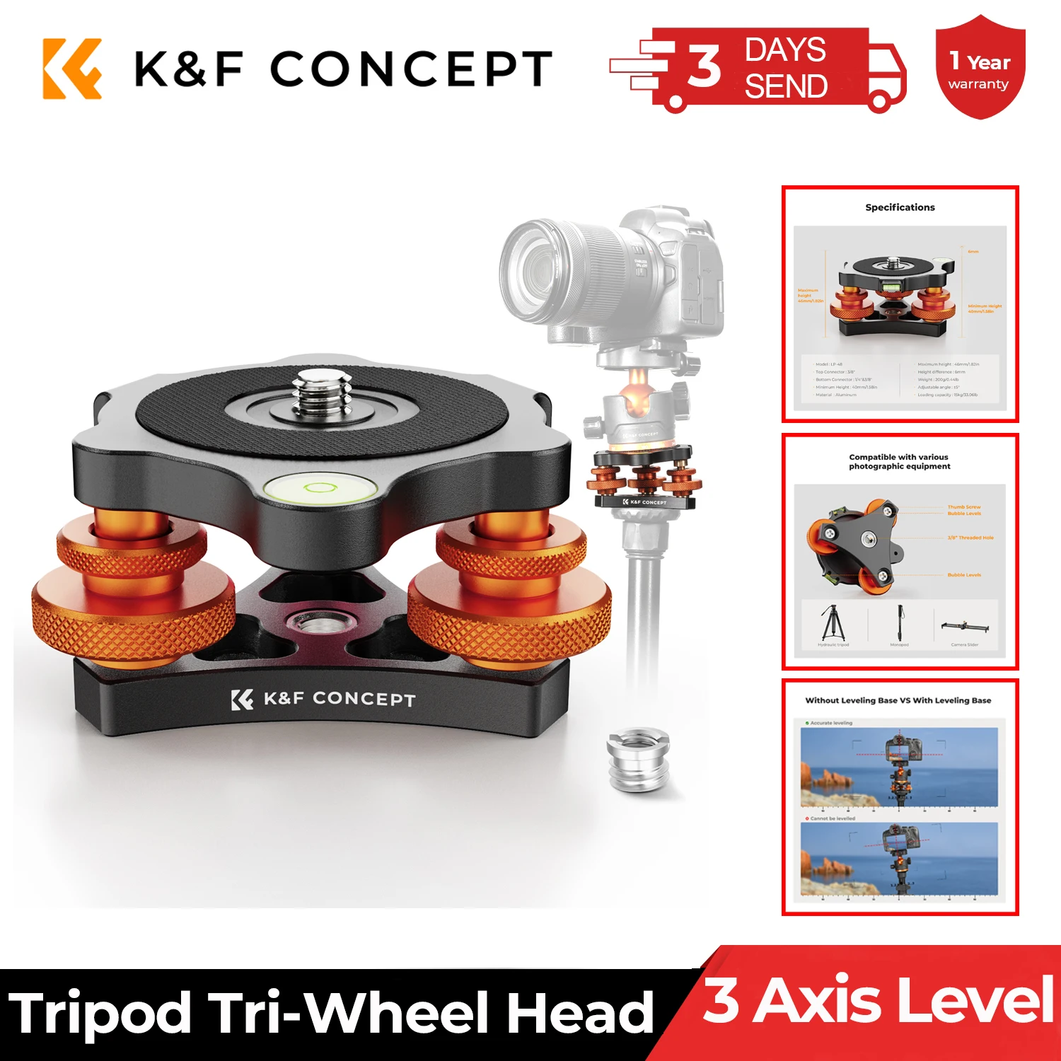 

K&F Concept Camera Leveler Tripod Leveling Base Tri-Wheel Heads for Macro Photography Aluminum Bubble Level 3 Axis Level Adjust