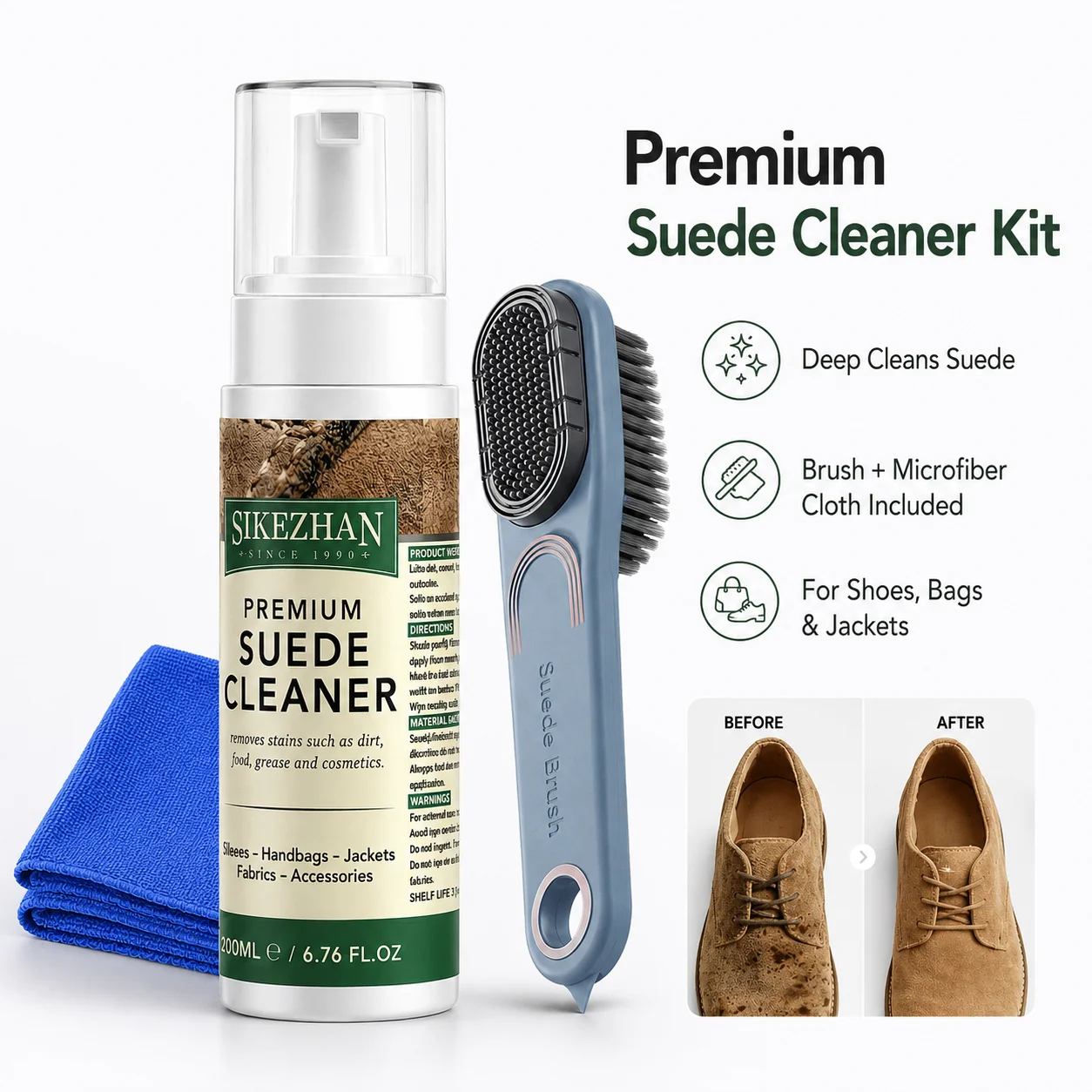 Kit de Limpeza para Calçados de Camurça e Nobuck com Espuma, Escova e Toalha para Tênis, Botas, Bolsas e Cuidados com Jaquetas de Couro