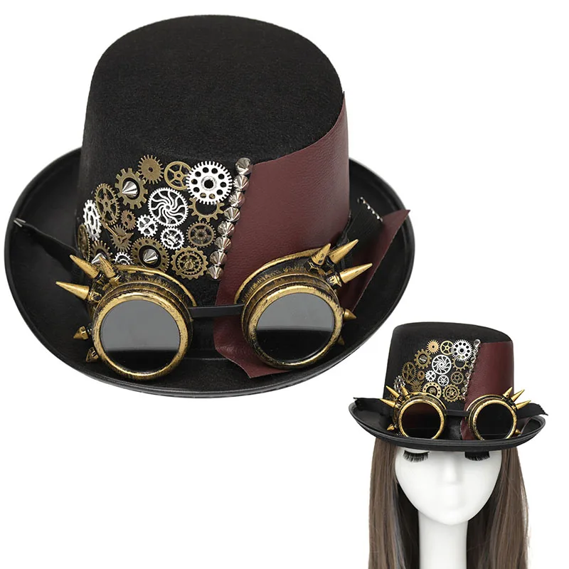 New Trendy Punk Vintage Steampunk Top Hat With Goggles Gothic Leather HeadWear Holiday Cosplay Party Hat Halloween Accessories