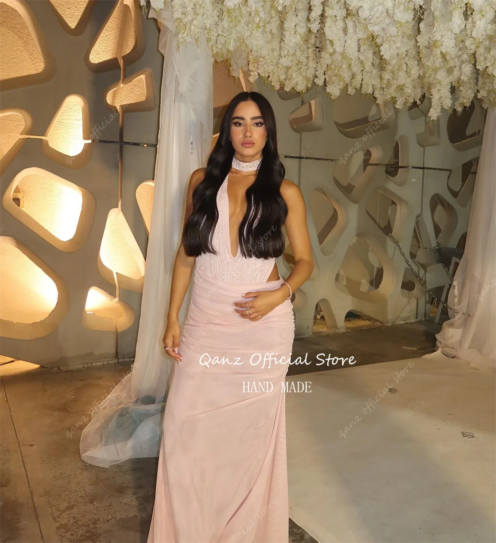 Qanz فساتين لحضور الحفلات الموسيقية من الشيفون الوردي الأنيق بفتحة رقبة على شكل V عميقة من الدانتيل حورية البحر فيستدوس بارا إيفينتوس خاص فستان سهرة مثير حسب الطلب #4