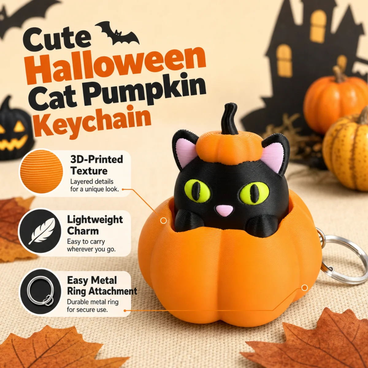 1Pc Lovely Halloween Pumpkin Black Cat Clicker Keychain,Durable Eco PLA 3D Print Decor Portable Stress Squeeze Toy Bag Pendant