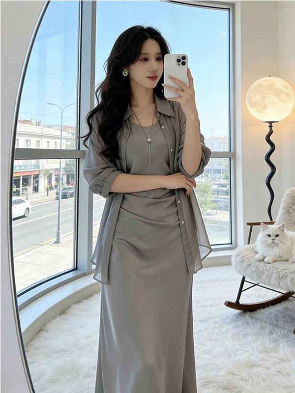 Summer New Style Slimming Two-Piece Set Elegant Draped Satin Dress with Sun Protection Shirt Long Sleeve Casual Wear for Women view 3
