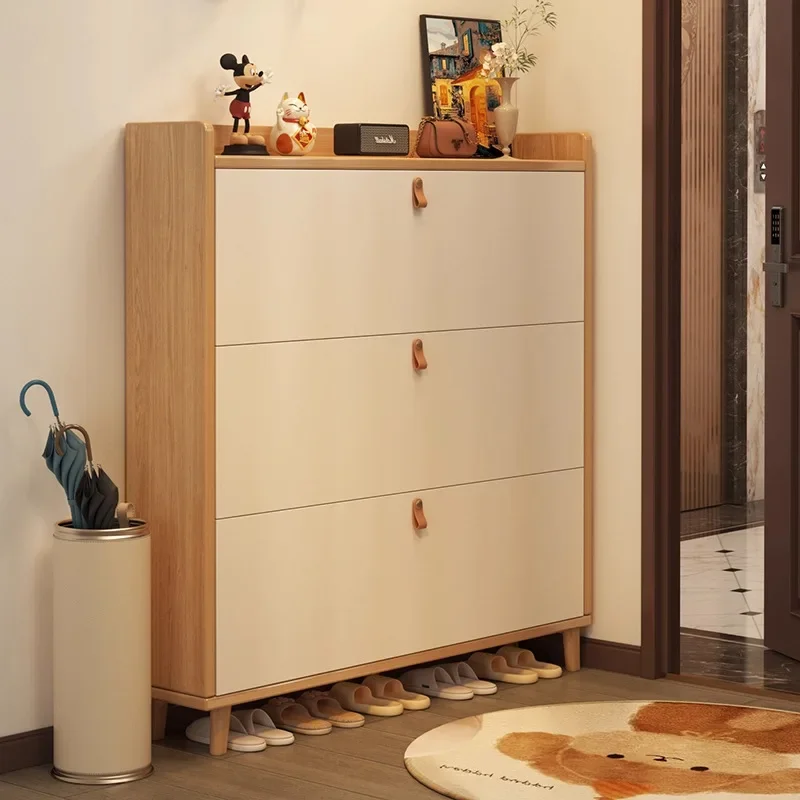 Ultra-thin tipping bucket shoe cabinet household door storage cabinet integrated against the wall solid wood