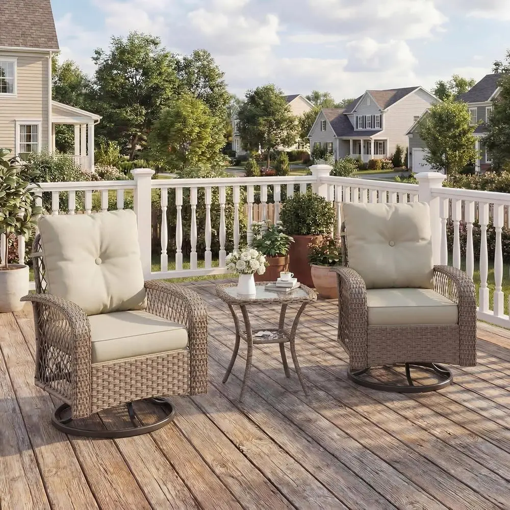 

2-Piece Swivel Rocker Chair Set with Side Table, 4 Cushioned Wicker Bistro Set for Outdoor, Patio, Balcony, Beige