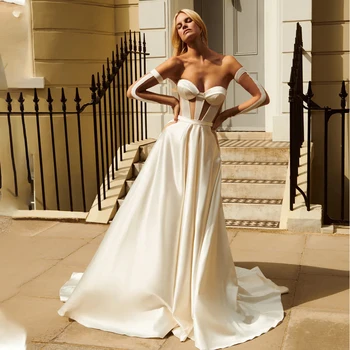 カスタムメイドのサテンのウェディングドレス,取り外し可能な長袖,豪華なブライダルガウン,ハート型