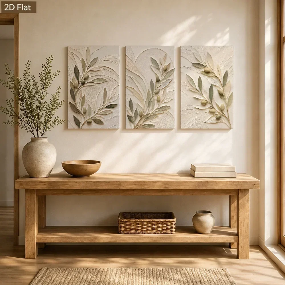 2D Flat, 3pcs Wabi-Sabi Olive Branch Wall Art Suitable for Living Room, Modern Minimalist Panel Paintings with Beige Texture,