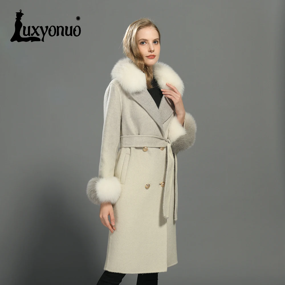 

Luxyonuo Women Cashmere Coat with Real Fox Fur Autumn Winter New Style Long Wool Coats Laides Fashion Warm Outerwear Female 2024