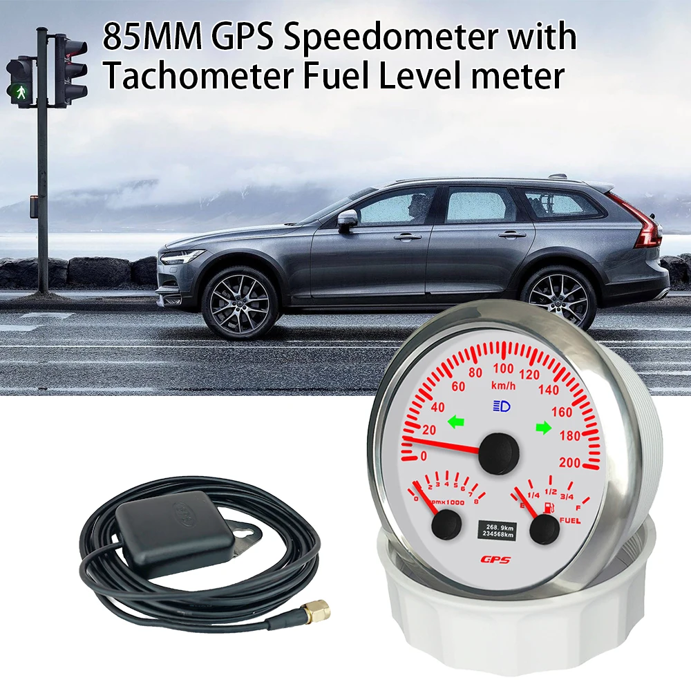 Motorcycle Boat Universal 85mm 3 in 1 Multifunctional 200kmh GPS Speedometer with 8KRPM Tachometer Fuel Level 7 Colors Backlight