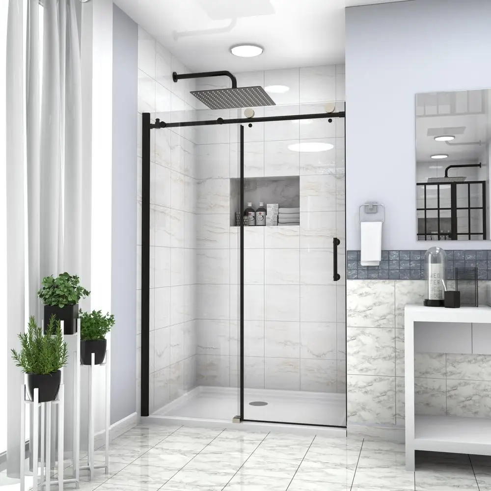 

48"x76" Sliding Shower Door Single Bypass Enclosure with 5/16" Tempered Glass Matte Black Frame Reversible Design