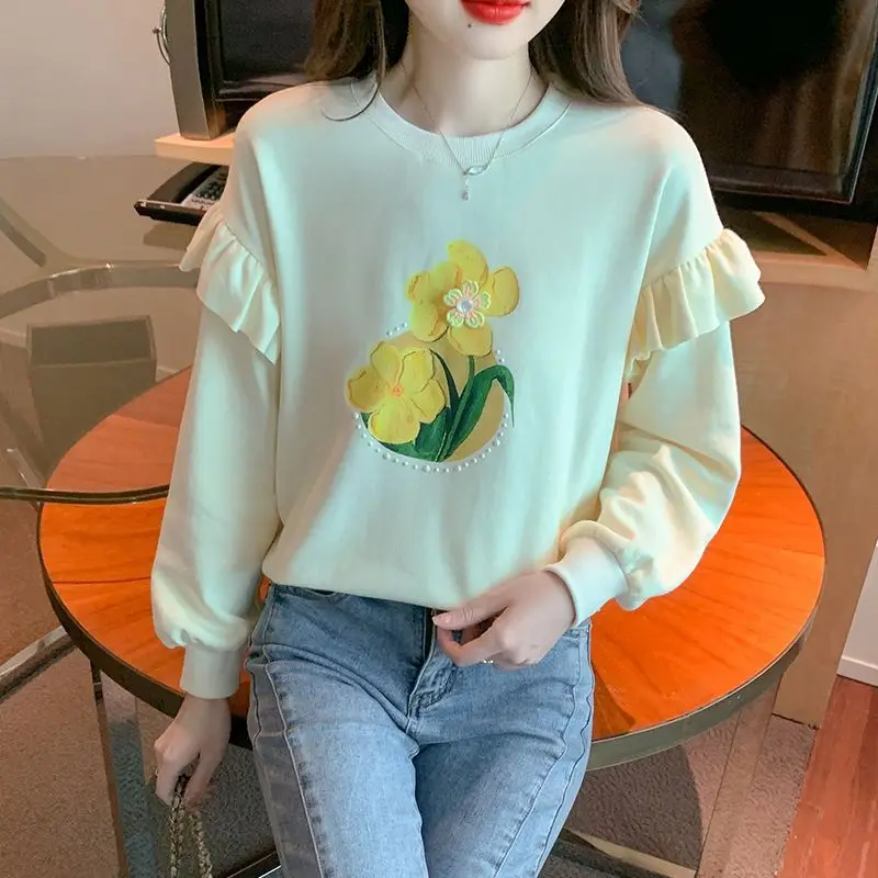 

2025 Spring Fall Women Fashion Floral Ruffle Sweatshirts Lady Casual Long Sleeve Pullover T Shirts Daily Joker Tops Female
