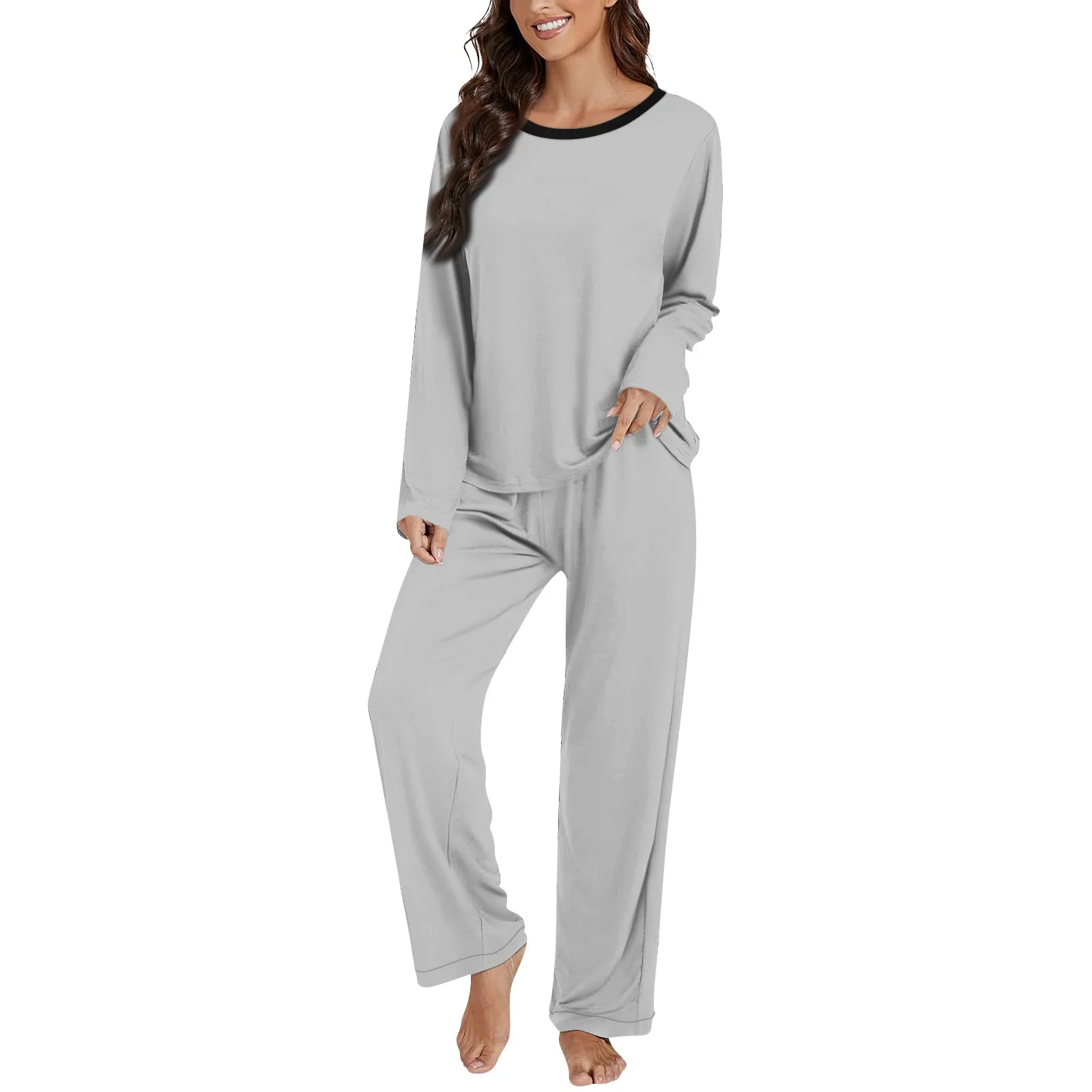 Women Home 2 Piece Set Long Sleeve Round Neck Loose Pullover Tops Straight Wide Leg Pants Outfits Matching Pajamas Sets Solid