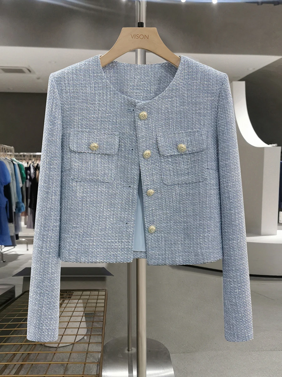 

Blue Korean Sle Sweet Ele ort Outerwear Women's Spring Autumn Drapey Small Size Faionable Top Button round Ne Lon...