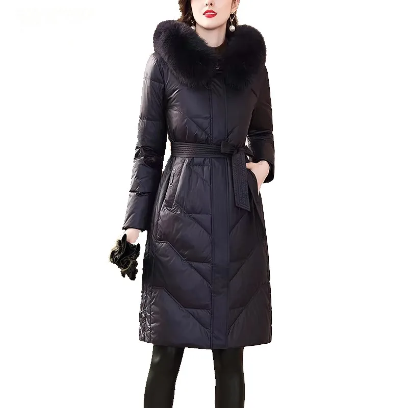 New Arrival Women Warm Outfits 90% White Down Long Coat with Real Fox Fur Hood CX-G-D-32A