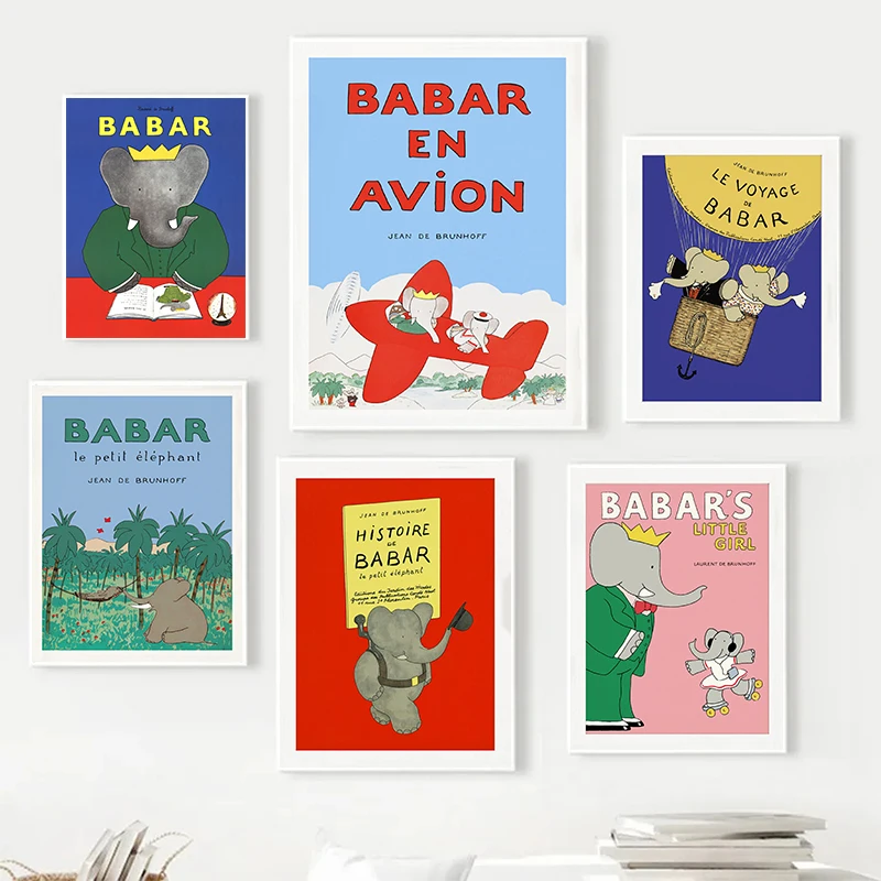 Elephant Babar France Fairy Tales Cartoon Poster and Prints Canvas Printing Vintage Wall Art Picture for Kids Room Nursery Decor