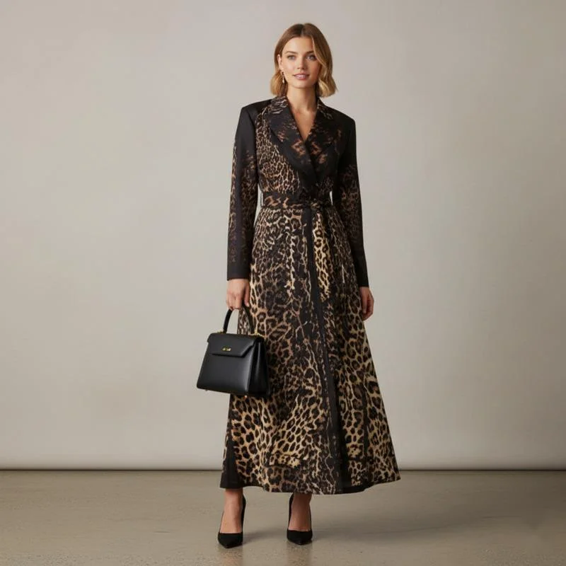 

Тренч с леопардовым принтом для женщин с лацканами и длинными рукавами, регулируемый ремень, осень-зима, уличный стиль, повседневная верхняя одежда, куртка