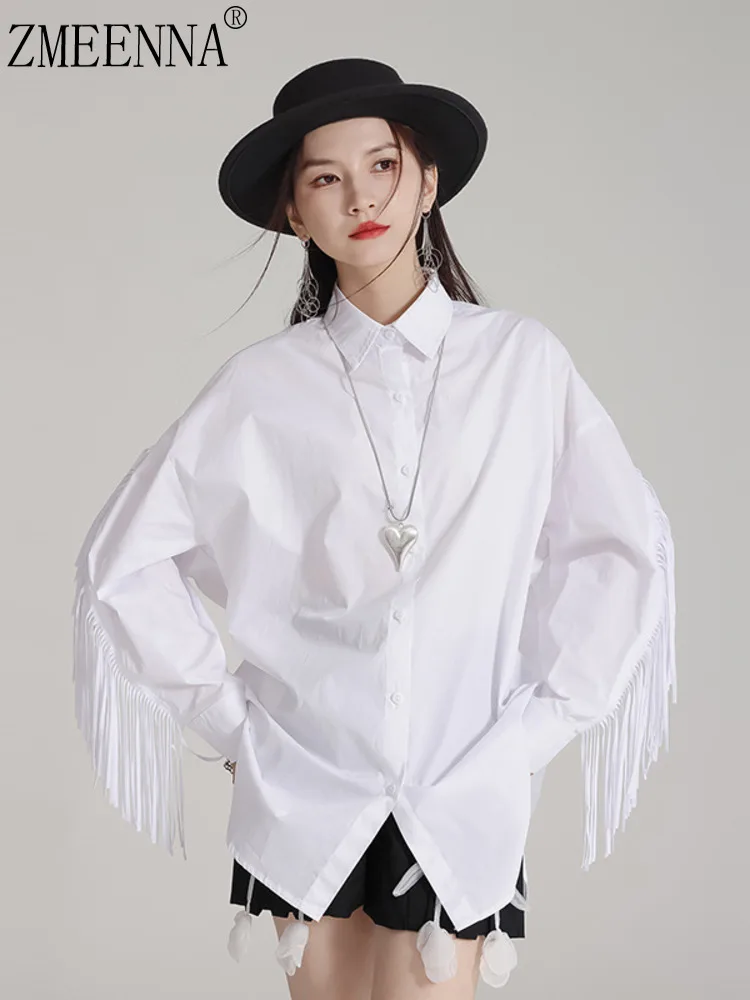 

ZMEENNA Womens White Loose Fit Button Down Shirt Top Long Sleeve Fringe Tassel Decor Oversized Blouse Casual Fashion ZM4624