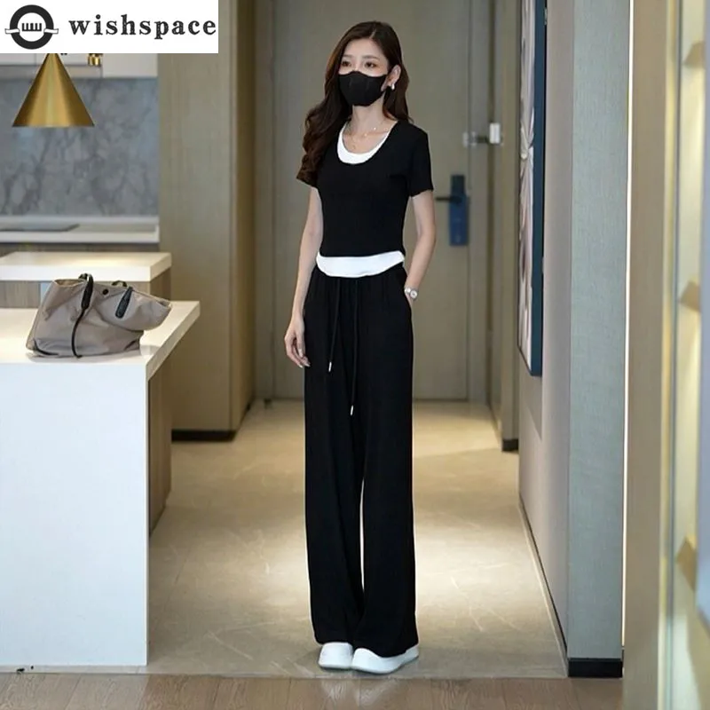 

Spring/Summer New Casual Set Women's Short Sleeved Top+High Waist Loose Wide Leg Long Pants Age Reducing Two Piece Set