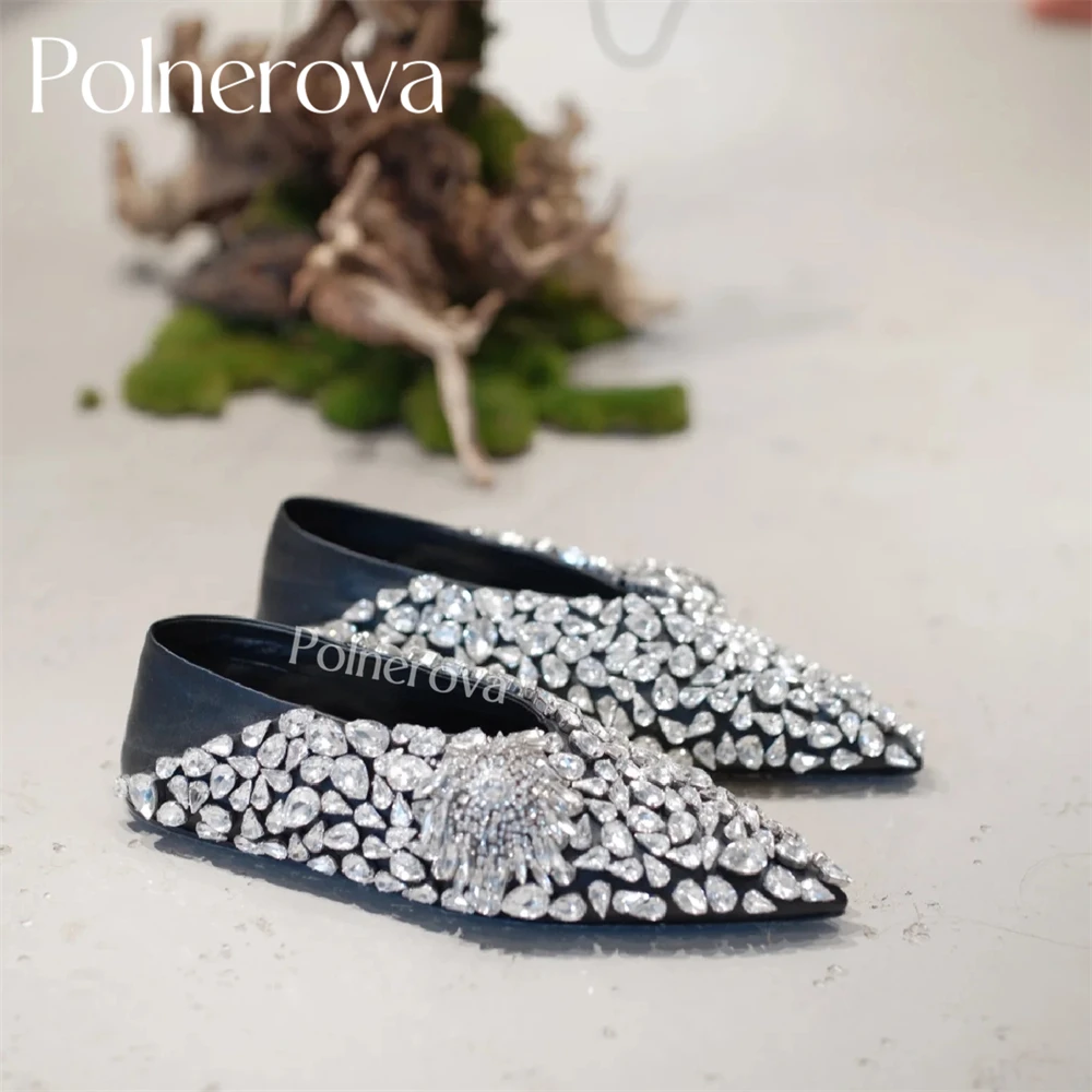 Crystal Embellished Ballet Flats Pointed-Toes Leather Shoes Luxurious Designer Style Handmade Shoes Bling Bling Rhinestone Shoes