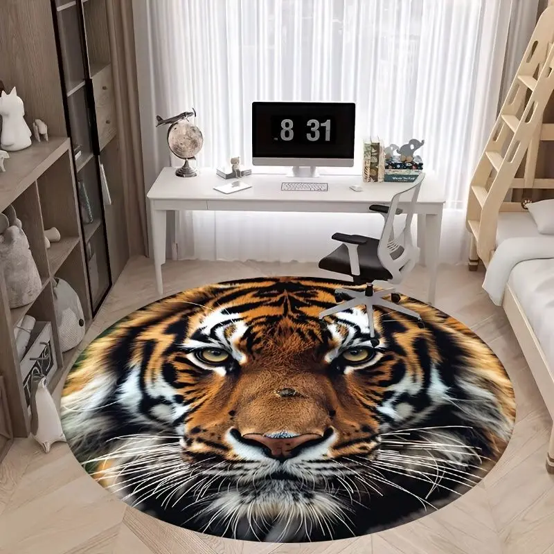 VIKAMA 3D Tiger-Head Round Rug, Non-Slip Sound-Absorbing Living Room Rug, Swivel Chair Floor Protector, Home Decor