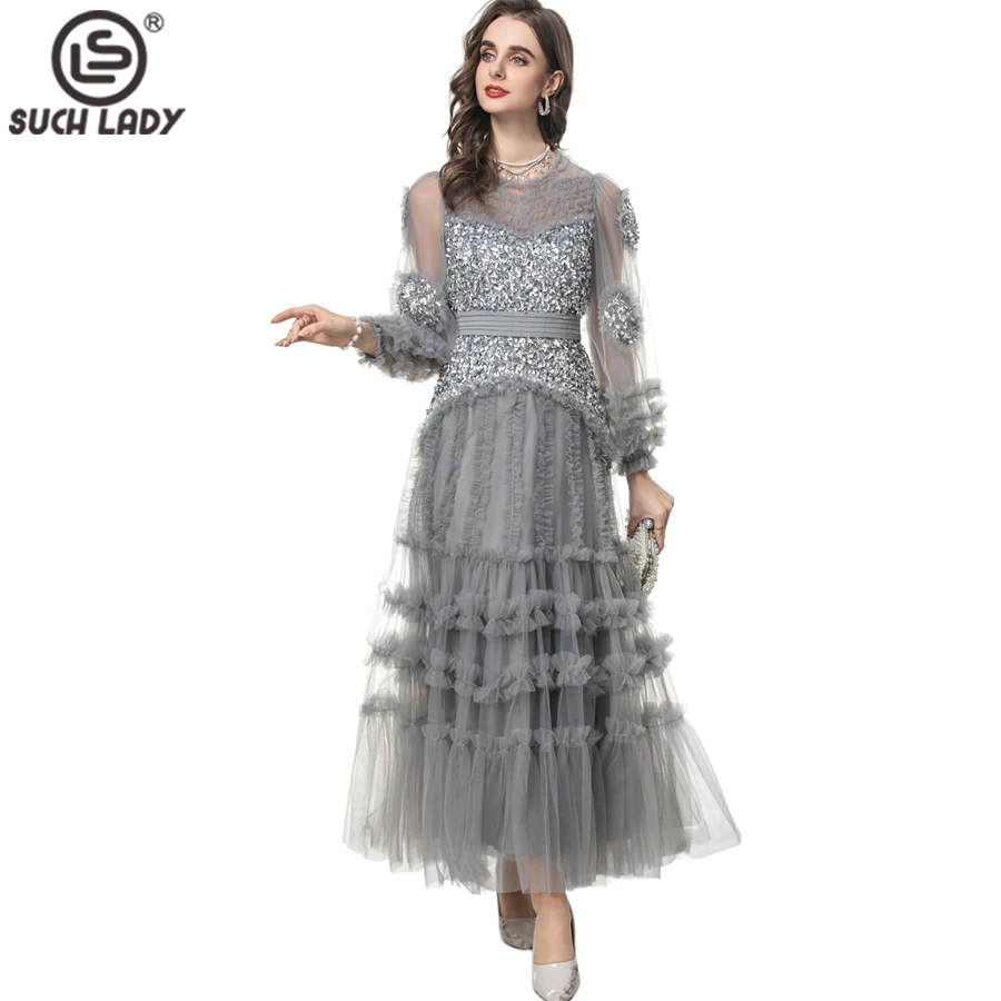 Vestidos femininos o pescoço mangas compridas lantejoulas em camadas babados elegante em camadas designer festa de formatura vestido de noite