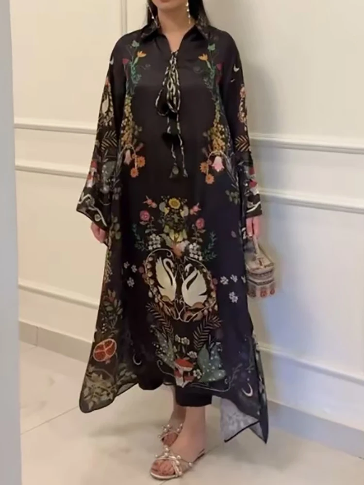 Lapel Three Quarter Sleeve Retro Printing V Neck Dress Autumn Elegant Women Loose Party Dress Femme Lacing Up Maxi Dress Vestido