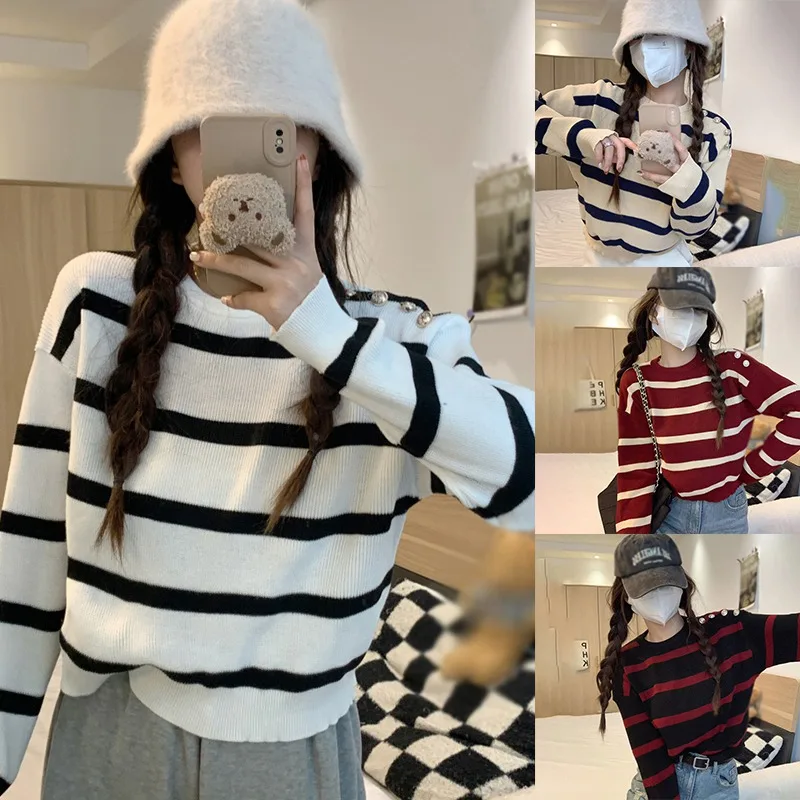 Women\'s Sweater Stripe Color Contrast Long Sleeves Sweater Retro O Neck Casual and Fashion Pullovers