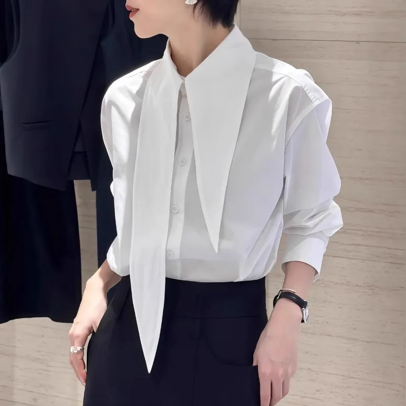 Women's White Long Tie Collar Long Sleeve Button Down Shirt Elegant Office Casual Top view 3