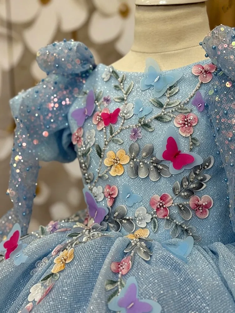 Blaues Prinzessinnenkleid für Mädchen mit 3D-Schmetterlings- und Blumenapplikationen, Puffärmeln, Tüllrock, Kindergeburtstag, Hochzeit, Party, Festzug, Kostüm A5127 – Detail 8