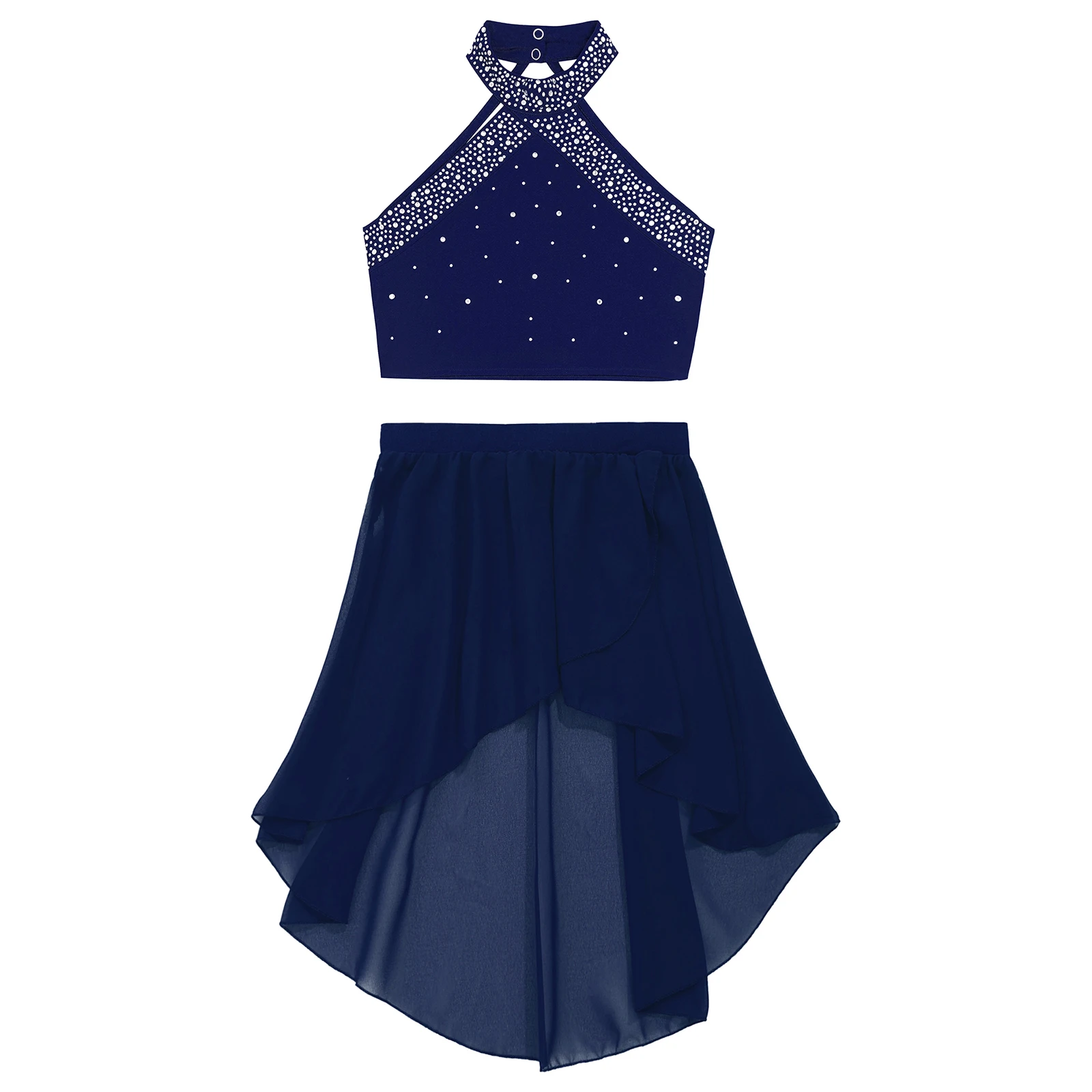 Dziecięce dziewczęce Rhinestone balet liryczna sukienka gimnastyka kostium do łyżwiarstwa figurowego kamizelka + nieregularny brzeg baleriny spódnica Tutu Dancewear — zdjęcie 4