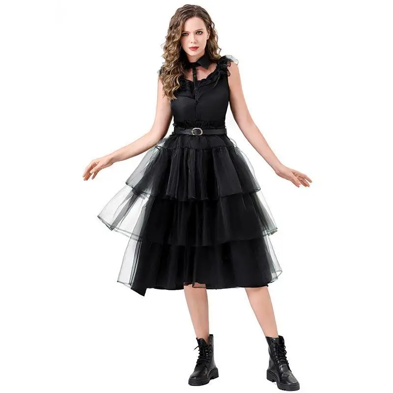 فستان Bla Wednesday Adams Dr loween Par للسيدات البالغات، نموذج جديد للسيدات، زي Dr PU المواد KTV