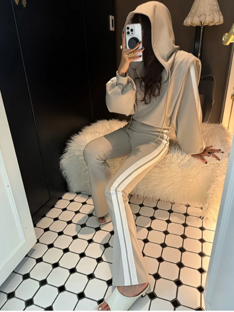 Chique Vintage Gestreepte Lange Sve Hoodie Jaet Vrouwen Casual Hoge Taille Veelzijdige Loose Fit Broek Herfst Faion Streetwear