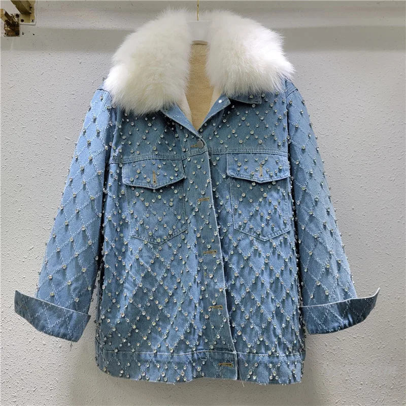 

Winter Jacket Woman Heavy Industry Diamond-encrusted Fleece Thickened Warm Denim Cotton Jacket New Loose Long Sleeve Jackets